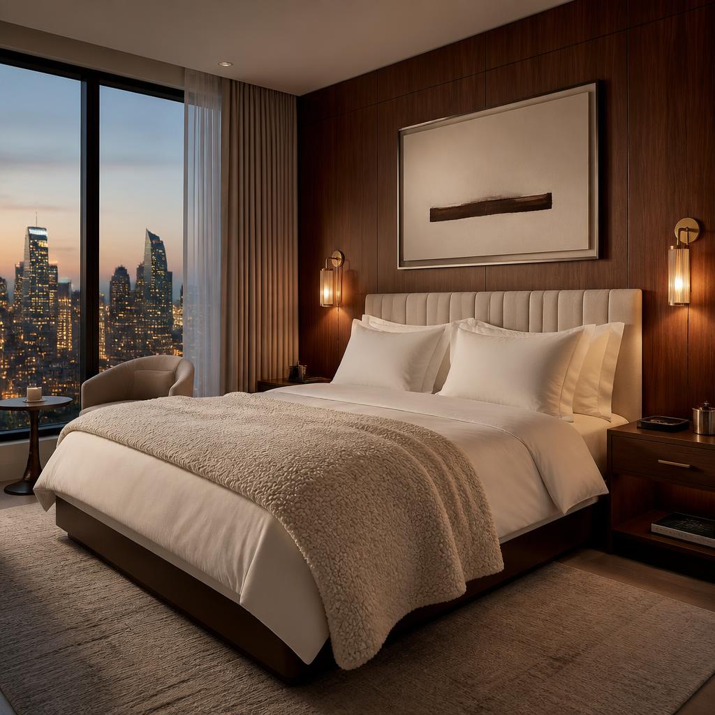 Luxury furnished rental bedroom with skyline view at dusk